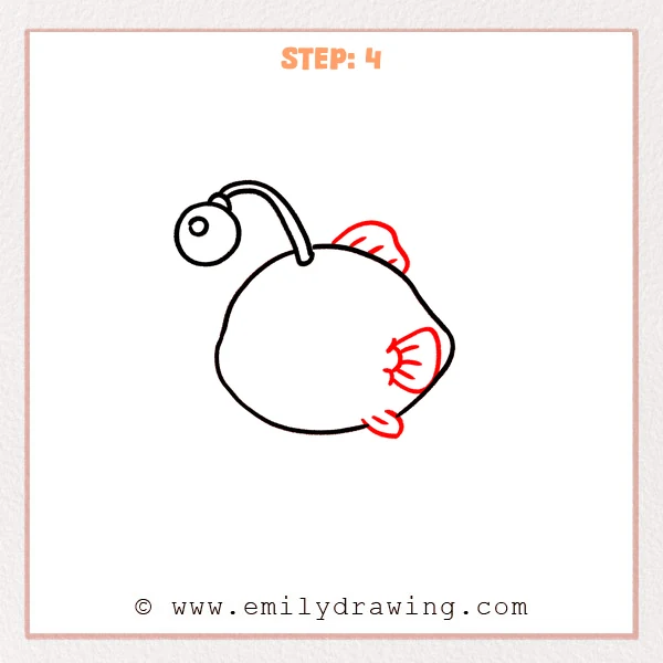 how to draw an angler fish - Step 4: The angler fish gains a big right fin and a small bottom fin.